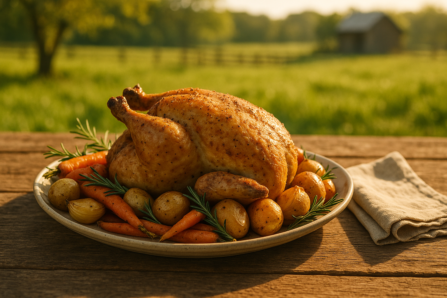 Roasted pasture-raised chicken with vegetables on a rustic farm table