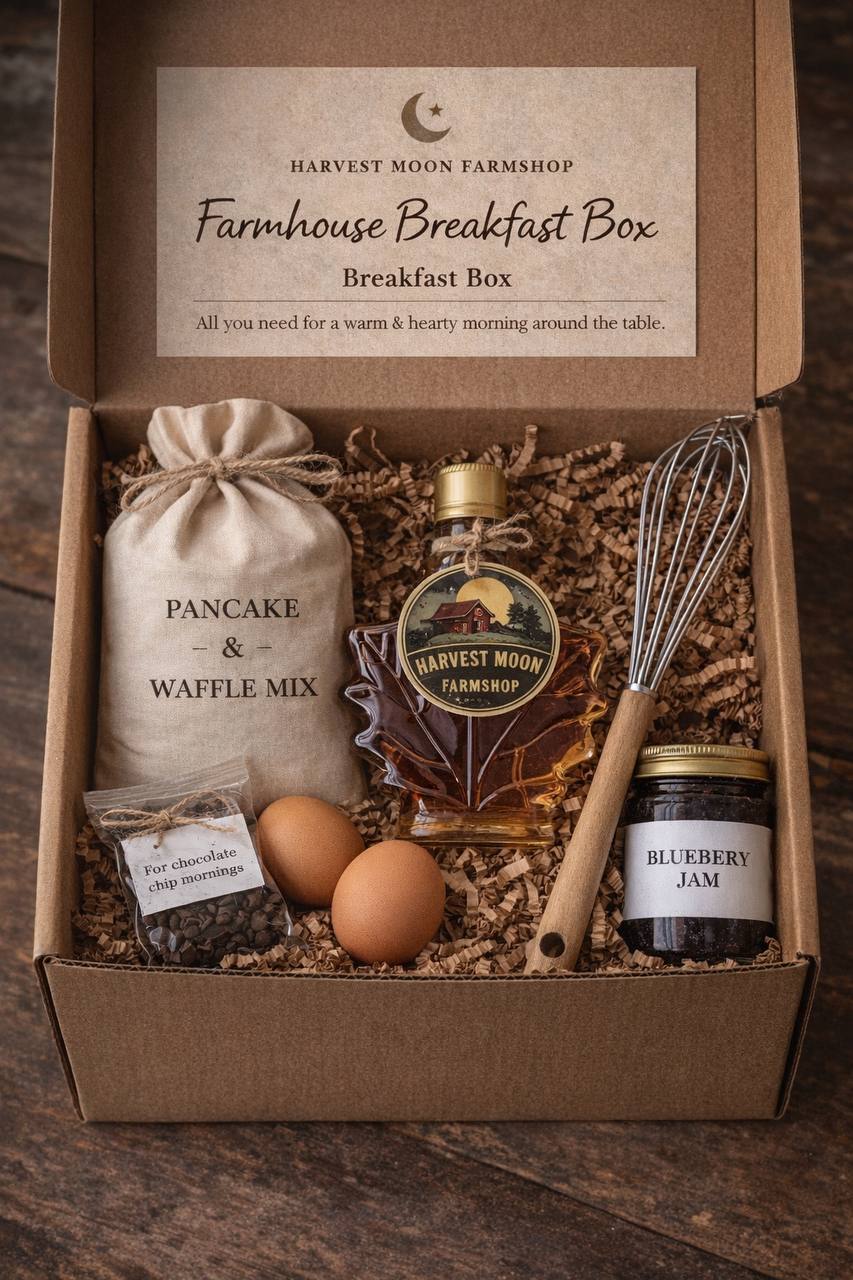 Farmhouse Breakfast Box with pancake mix, eggs, and maple syrup