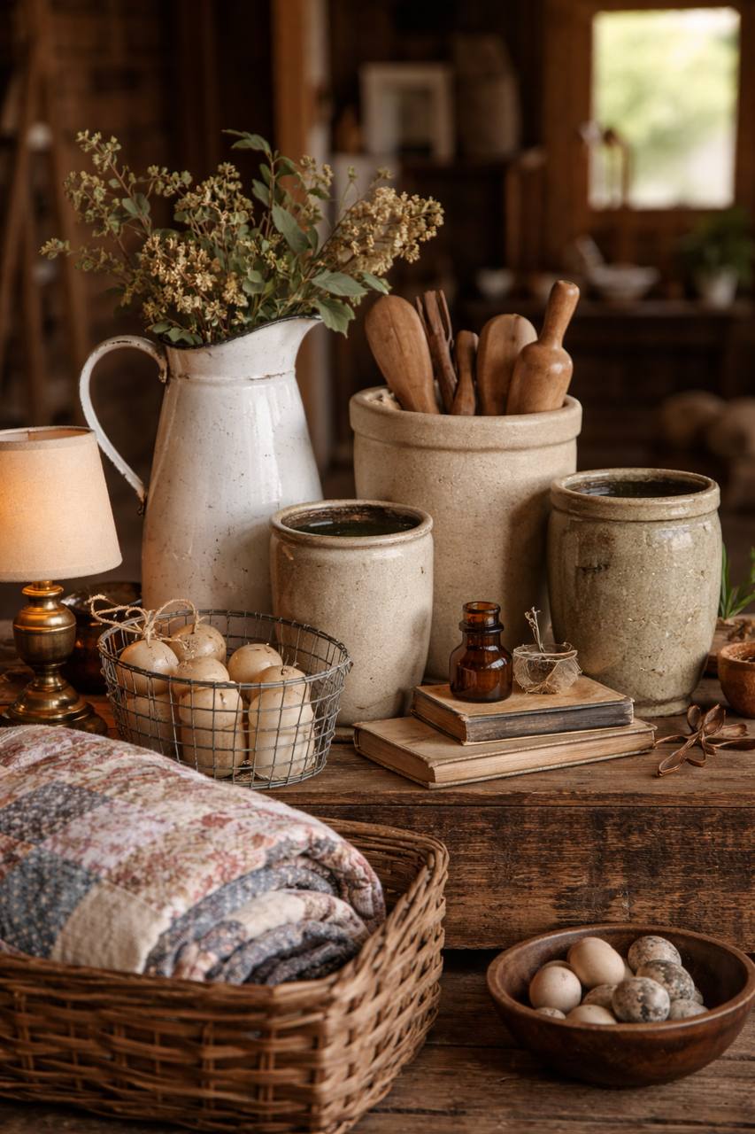 Vintage stoneware crocks, wooden utensils, and gathered home goods