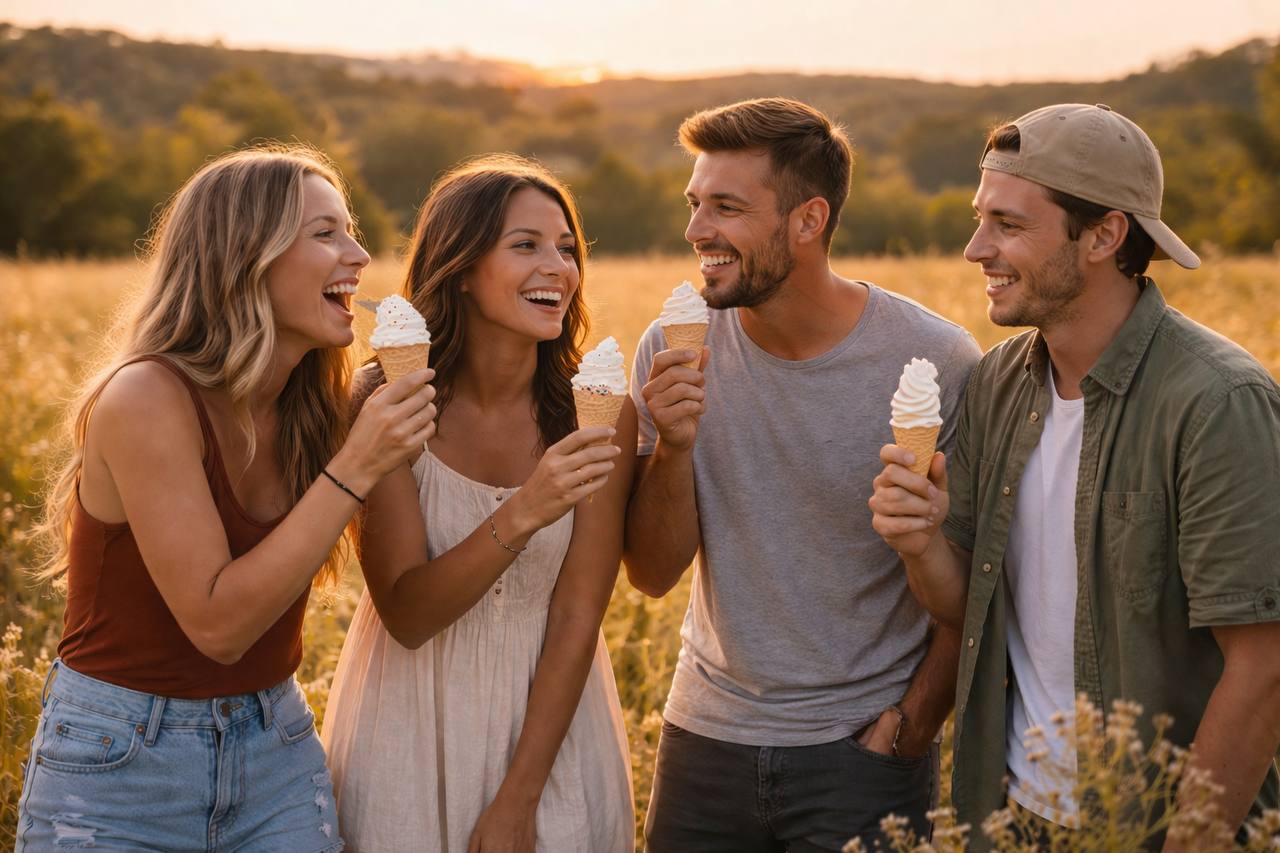 Friends enjoying soft serve ice cream in a golden field at sunset