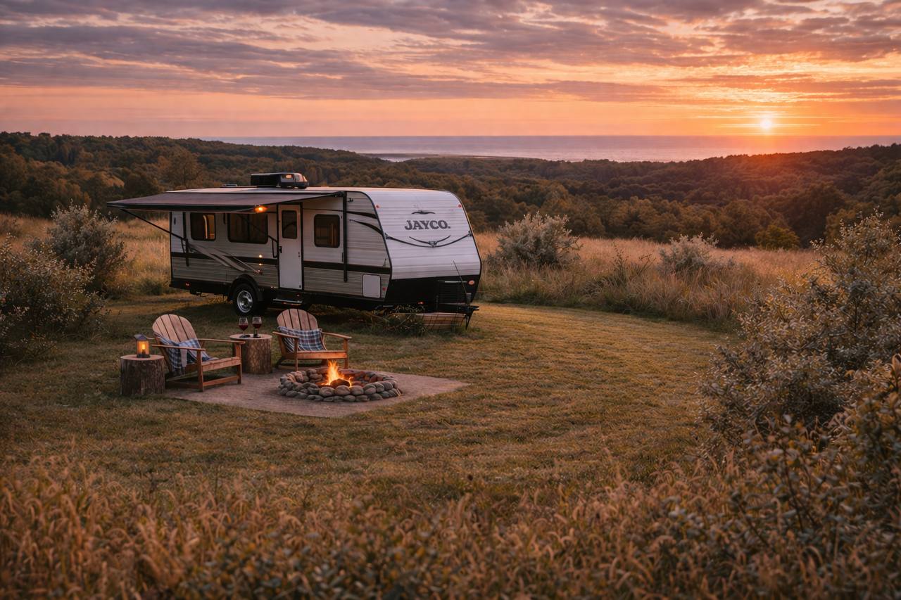 Cozy glamping camper on hilltop with Adirondack chairs and sunset view